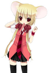 Rule 34 | 1girl, animal ears, black thighhighs, blonde hair, long hair, mouse ears, mouth hold, namori, necktie, original, red eyes, simple background, solo, thighhighs, tupet, very long hair, wristband, zettai ryouiki