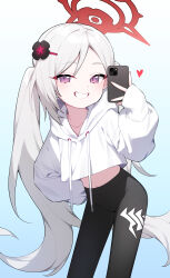 Rule 34 | 1girl, absurdres, alternate costume, alternate hairstyle, blue archive, blue background, cellphone, collarbone, commentary, cowboy shot, cropped hoodie, drawstring, eyelashes, flower, gehenna academy logo, gradient background, grey hair, grin, hair flower, hair ornament, hairclip, halo, heart, highres, holding, holding phone, honi (honi1010), hood, hoodie, long eyelashes, long hair, long sleeves, looking at viewer, midriff, mutsuki (blue archive), navel, pants, phone, purple eyes, red halo, sleeves past wrists, smartphone, smile, solo, symbol-only commentary, teeth, twintails, very long hair, yoga pants