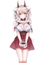 Rule 34 | 1girl, absurdres, ahoge, animal ears, animal print, blush, breasts, brown eyes, buttons, cat ears, cat girl, cat print, cat tail, cleavage, closed mouth, cup, drinking glass, hair between eyes, hair ornament, highres, holding, holding cup, horns, jacket, large breasts, long hair, looking at viewer, miniskirt, nagomi (anzu-v v-s2), oni horns, original, pleated skirt, puffy short sleeves, puffy sleeves, red skirt, see-through, shirt, short sleeves, side ponytail, simple background, skirt, solo, standing, tail, white background, white shirt