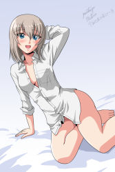 Rule 34 | 1girl, arm behind head, arm up, artist name, barefoot, bed sheet, blush, bottomless, breasts, commentary, dated, dress shirt, girls und panzer, head tilt, itsumi erika, long sleeves, looking at viewer, matsui yasutsugu, medium breasts, naked shirt, on bed, one-hour drawing challenge, open mouth, partially unbuttoned, shirt, signature, sitting, sleeves rolled up, smile, solo, white shirt, wing collar, yokozuwari
