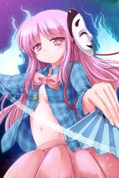 Rule 34 | 1girl, bow, breasts, expressionless, hand fan, folding fan, hata no kokoro, highres, light particles, long hair, long sleeves, looking at viewer, lzh, mask, mouth mask, navel, no bra, open clothes, open shirt, pink eyes, pink hair, plaid, plaid shirt, shirt, skirt, solo, touhou, very long hair, wide sleeves