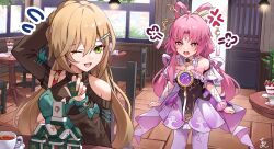 2girls aftamc anger_vein bare_shoulders breasts chair chest_jewel chinese_clothes coffee coffee_mug cup detached_sleeves dress food forehead_jewel fu_xuan_(honkai:_star_rail) green_eyes hair_ornament highres holding holding_mahjong_tile honkai:_star_rail honkai_(series) ice_cream indoors light_brown_hair long_hair mahjong mahjong_tile medium_breasts mug multiple_girls one_eye_closed open_door open_mouth pantyhose pink_hair puff_of_air purple_dress qingque_(honkai:_star_rail) red_shirt restaurant shirt small_breasts table white_pantyhose yellow_eyes