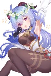 Rule 34 | 1girl, 21038bite pen, ahoge, arm up, armpits, bare shoulders, bell, black gloves, black pantyhose, blue hair, blush, breasts, detached sleeves, flower, ganyu (genshin impact), genshin impact, gloves, gold trim, highres, horns, long hair, looking at viewer, lying, medium breasts, neck bell, on side, open mouth, pantyhose, purple eyes, qingxin flower, sidelocks, solo, squeans, thighlet, thighs, vision (genshin impact), waking up, white background, white flower, white sleeves