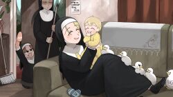 Rule 34 | 4girls, :d, ^ ^, aged down, baby, bird, black socks, blonde hair, body writing, broom, brown eyes, brown hair, catholic, chicken, closed eyes, clumsy nun (diva), commentary, couch, diva (hyxpk), duck, english commentary, habit, hanging plant, highres, hungry nun (diva), little nuns (diva), mole, mole on cheek, multiple girls, nun, open mouth, shaded face, slippers, smile, socks, star nun (diva), strict nun (diva), traditional nun