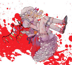 Rule 34 | 1girl, ascot, belt, black belt, blonde hair, blood, blood splatter, bloomers, bow, closed mouth, collared shirt, commentary request, crystal, expressionless, flandre scarlet, frilled shirt collar, frilled skirt, frilled sleeves, frilled vest, frills, full body, hair between eyes, hat, hat bow, kanon (rsl), leg belt, long bangs, looking at viewer, mary janes, medium hair, mob cap, one side up, puffy short sleeves, puffy sleeves, red bow, red eyes, red footwear, red skirt, red vest, shirt, shoes, short sleeves, skirt, skirt set, slit pupils, solo, touhou, underwear, vest, white background, white bloomers, white hat, white shirt, wings, wrist cuffs, yellow ascot
