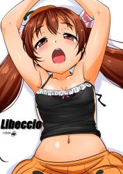 Rule 34 | 1girl, :d, armpits, arms up, breasts, brown eyes, character name, hand out of frame, highres, kantai collection, libeccio (kancolle), looking at viewer, navel, open mouth, pumpkin hat, pumpkin skirt, small breasts, smile, solo, tsukino murakumo, twintails, white background