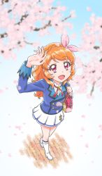 Rule 34 | 1girl, :d, aikatsu! (series), arm up, bag, blue jacket, blue stripes, blurry, blurry foreground, boots, bow, braid, cherry blossoms, commentary request, crown braid, depth of field, foreshortening, from above, high heel boots, high heels, highres, jacket, knee boots, kurorook, long hair, looking at viewer, looking up, neck ribbon, ozora akari, open mouth, orange hair, outdoors, petals, pink bow, pink eyes, pleated skirt, red ribbon, ribbon, school bag, school uniform, shirt, shoulder bag, single stripe, skirt, smile, solo, spring (season), starlight academy school uniform, tile floor, tiles, tree, walking, wavy hair, white footwear, white shirt, white skirt