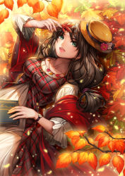 Rule 34 | 1girl, :d, arm up, autumn, autumn leaves, blush, book, breasts, brown hair, brown hat, collarbone, dress, ells, fedora, flower, from above, green eyes, hair tie, hat, hat flower, holding, holding leaf, jewelry, layered dress, leaf, light particles, long hair, long sleeves, looking at viewer, looking up, low-tied long hair, lying, medium breasts, necklace, on back, open mouth, original, outdoors, plaid, round teeth, shawl, smile, solo, swept bangs, teeth, watch, wristwatch