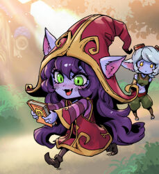 Rule 34 | 2girls, black footwear, blush, book, brown pantyhose, colored skin, crop top, dress, ears through headwear, forest, goggles, goggles on head, green eyes, green pants, grey hair, hair between eyes, happy, holding, holding book, league of legends, long hair, lulu (league of legends), multiple girls, nature, navel, outdoors, pants, pantyhose, phantom ix row, pointy ears, purple hair, purple skin, red dress, red headwear, smile, stomach, swept bangs, tristana, yordle