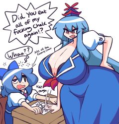 Rule 34 | 2girls, angry, blue dress, blue hair, blue ribbon, breasts, chair, cirno, cleavage, confused, curvy, desk, dress, english text, female focus, gensin, gigantic breasts, hair ribbon, hat, heterochromia, highres, kamishirasawa keine, leaning forward, long hair, mind break, multiple girls, paper, ribbon, short hair, sitting, skirt, standing, thick thighs, thighs, touhou, white background, wide hips