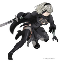 Rule 34 | 1girl, android, bad id, bad pixiv id, black dress, black footwear, black gloves, blurry, boots, breasts, cleavage, cleavage cutout, closed mouth, clothing cutout, copyright name, covered eyes, depth of field, dress, eyepatch, female focus, full body, gloves, hair over eyes, holding, holding sword, holding weapon, large breasts, mole, mole under mouth, nier:automata, nier (series), puffy sleeves, running, see-through, side slit, simple background, solo, sword, thigh boots, thighhighs, uni (gugurutan), weapon, white background, 2b (nier:automata)