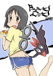 Rule 34 | 1girl, ass, bad id, bad pixiv id, barefoot, black cat, black eyes, black hair, butt crack, cat, clothes pull, copyright name, food, leg lift, looking back, nichijou, no nose, omelet, omurice, open mouth, plate, pulling another&#039;s clothes, sakamoto (nichijou), scarf, shinonome nano, shirt, short hair, shorts, shorts pull, standing, t-shirt, winding key, zubatto, zubatto (makoto)