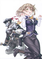 Rule 34 | 1boy, 1girl, absurdres, armor, black pantyhose, blonde hair, blush, braid, breastplate, breasts, full armor, goblin slayer, goblin slayer!, guild girl (goblin slayer!), helmet, highres, holding, kannatsuki noboru, knight, large breasts, lips, long hair, long skirt, long sleeves, looking at viewer, official art, open mouth, pantyhose, scan, shield, simple background, single braid, skirt, smile, sword, weapon, white background, yellow eyes