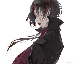 Rule 34 | 10s, 1boy, blood, blood on face, blood on clothes, blood in hair, brown hair, dalc rose, earrings, jacket, jewelry, kashuu kiyomitsu, long hair, male focus, mole, mole under mouth, red eyes, scarf, solo, touken ranbu, twitter username