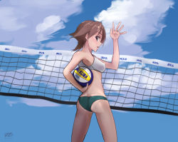 Rule 34 | 10s, 1girl, alternate costume, arm up, armpits, asics, ass, ball, bare shoulders, beach volleyball, brand name imitation, breasts, brown hair, cloud, crop top, day, flipped hair, haruto (harut n), hiei (kancolle), holding, holding ball, kantai collection, looking at viewer, looking back, midriff, mikasa sports, open mouth, outdoors, outstretched hand, playing sports, profile, purple eyes, short hair, signature, sky, sleeveless, solo, sportswear, thighs, volleyball, volleyball (object), volleyball net, volleyball uniform