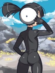 Rule 34 | 1girl, ass, black bodysuit, black hair, bodysuit, cloud, cosplay, creatures (company), drantyno, from behind, game freak, gen 2 pokemon, grass, hand on own hip, highres, long hair, mask, mountain, nintendo, pokemon, ponytail, side ponytail, sky, standing, unown, unown (cosplay)
