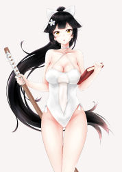 Rule 34 | 1girl, absurdres, azur lane, black hair, book, brown eyes, casual one-piece swimsuit, cowboy shot, flower, hair flaps, hair flower, hair ornament, hair ribbon, highres, long hair, looking at viewer, one-piece swimsuit, ponytail, realman, ribbon, simple background, solo, swimsuit, sword, takao (azur lane), takao (beach rhapsody) (azur lane), weapon, white background, white one-piece swimsuit, white ribbon
