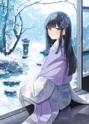 Rule 34 | 1girl, absurdres, asa no ha (pattern), black hair, blue eyes, blunt bangs, blush, closed mouth, commentary request, flower, fringe trim, from behind, furisode, hair flower, hair ornament, highres, japanese clothes, kimono, long hair, looking at viewer, looking back, on floor, original, purple shawl, reflection, reflective floor, senri (senri sen), shawl, shouji, sidelocks, sitting, sliding doors, snow, snowing, solo, stone lantern, tree, white kimono, winter