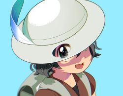 Rule 34 | 10s, 1girl, :d, aqua background, backpack, bag, black eyes, black hair, blurry, bucket hat, chromatic aberration, commentary request, depth of field, eyelashes, hair between eyes, hat, hat feather, kaban (kemono friends), kemono friends, looking at viewer, minamijima command, open mouth, portrait, red shirt, sanpaku, shirt, short hair, short sleeves, simple background, smile, solo, tareme, white hat