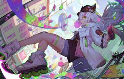 Rule 34 | 1girl, animal hat, bandage on knee, banxsy (neural cloud), black hat, black shirt, blowing bubbles, blue shorts, building, can, cat hat, chewing gum, clay (clayjun), cloud, denim, denim shorts, foot out of frame, from side, girls&#039; frontline, girls&#039; frontline neural cloud, green eyes, hair ornament, hairclip, hat, highres, holding, holding can, inline skates, jacket, long hair, looking to the side, outdoors, pink bag, roller skates, shirt, shorts, skates, sky, solo, spray can, star (symbol), thigh strap, white hair, white jacket