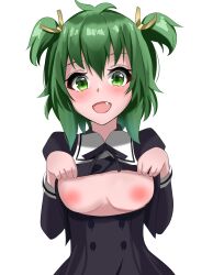 Rule 34 | 1girl, :d, absurdres, antenna hair, assault lily, black ribbon, black skirt, blush, breasts, breasts out, buttons, clothes lift, commentary, cropped jacket, fang, green eyes, green hair, hair between eyes, hair ribbon, hands up, high-waist skirt, highres, juliet sleeves, lifting own clothes, long sleeves, looking at viewer, medium breasts, medium hair, neck ribbon, nipples, no bra, open mouth, puffy sleeves, ren (renyuriww), ribbon, school uniform, simple background, skirt, smile, solo, two side up, upper body, white background, yellow ribbon, yoshimura thi mai, yurigaoka girls academy school uniform