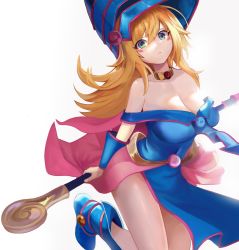 Rule 34 | 1girl, absurdres, bare shoulders, blonde hair, blue footwear, blush, blush stickers, boots, breasts, cleavage, closed mouth, commentary, dark magician girl, duel monster, gokusaishiki, gold choker, green eyes, hair between eyes, hat, highres, large breasts, long hair, looking at viewer, pentacle, simple background, solo, staff, standing, standing on one leg, thighs, wand, white background, wizard hat, yu-gi-oh!
