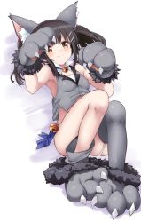 Rule 34 | 1girl, alternate hairstyle, animal ear fluff, animal ears, animal hands, bed sheet, bell, black hair, black panties, blush, boots, bow, breasts, brown eyes, cat ears, closed mouth, collar, commentary request, cutting hair, fake animal ears, fate/kaleid liner prisma illya, fate (series), full body, garter straps, gloves, grey bow, grey gloves, grey vest, jingle bell, legs, light blush, looking at viewer, medium hair, miyu edelfelt, neck bell, no pants, noa (nagareboshi), on bed, panties, paw pose, paw shoes, skindentation, small breasts, smile, solo, thigh boots, thighhighs, twintails, underwear, vest