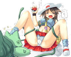Rule 34 | 1girl, artist request, blush, brown eyes, brown hair, cameltoe, clitoral stimulation, creatures (company), female focus, forced, game freak, green (pokemon), hat, long hair, looking at viewer, molestation, navel, nintendo, open mouth, panties, poke ball, pokemon, restrained, shoes, simple background, sitting, skirt, socks, spread legs, sweat, tears, tentacles, tentacles under clothes, translation request, trembling, unconscious, underwear, white panties