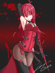 Rule 34 | 1girl, black gloves, blood, blood on face, blush, breasts, cleavage, crimson avenger (elsword), elbow gloves, elesis (elsword), elsword, gloves, highres, large breasts, looking at viewer, parted lips, red hair, scarlet zel, smile, solo, yellow eyes