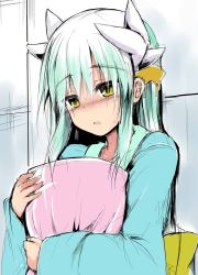Rule 34 | 1girl, blush, fate/grand order, fate (series), green hair, holding, holding pillow, horns, japanese clothes, kimono, kiyohime (fate), long hair, long sleeves, open mouth, pillow, sen (astronomy), solo, sweat, yellow eyes
