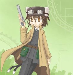 Rule 34 | 1girl, cat tail, chen, cosplay, earrings, female focus, fur hat, goggles, google, gun, handgun, hat, jewelry, kino (cosplay), kino (kino no tabi), kino no tabi, lowres, multiple tails, parody, pistol, solo, tail, touhou, weapon