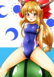 Rule 34 | 1girl, bad id, bad nicoseiga id, blue background, blue one-piece swimsuit, blush, breasts, brown eyes, competition swimsuit, d-m (dii emu), food, fruit, highres, horn ornament, horn ribbon, horns, ibuki suika, long hair, looking at viewer, multicolored background, one-piece swimsuit, oni, orange hair, ribbon, sitting, small breasts, smile, solo, spread legs, swimsuit, touhou, watermelon, white background