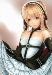 Rule 34 | 1girl, bare shoulders, blonde hair, blue eyes, clothes lift, dead or alive, dead or alive 5, detached sleeves, flat chest, gothic lolita, lolita fashion, maid headdress, marie rose, nannacy7, skirt, skirt lift, smile, solo, twintails