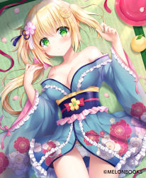 Rule 34 | 1girl, :o, bare shoulders, blonde hair, blue kimono, blush, bow, bow panties, breasts, cameltoe, cleavage, collarbone, commentary request, copyright notice, frilled kimono, frilled panties, frilled sleeves, frills, gluteal fold, green eyes, hair between eyes, hair ornament, hands up, highres, japanese clothes, kimono, kohinata hoshimi, long hair, long sleeves, looking at viewer, low ponytail, lying, medium breasts, melonbooks, obi, off shoulder, official art, on back, on floor, original, panties, parted lips, petals, ponytail, red ribbon, ribbon, sash, solo, tatami, thigh gap, twintails, underwear, very long hair, white panties, wide sleeves