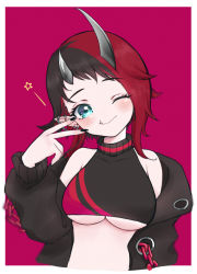 Rule 34 | 1girl, black hair, black jacket, black nails, black sports bra, blue eyes, blush, border, breasts, chain, closed mouth, commentary request, cropped torso, demon girl, demon horns, ear chain, ear piercing, horns, jacket, large breasts, looking at viewer, multicolored hair, nail polish, nanashi inc., one eye closed, open clothes, open jacket, piercing, pointy ears, red background, red hair, red sports bra, ryugasaki rene, ryugasaki rene (1st costume), short hair, smile, solo, sports bra, star (symbol), sugar lyric, tamotsu (mary), two-tone hair, underboob, upper body, v, virtual youtuber, white border