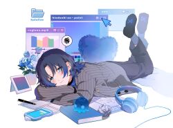 Rule 34 | 1girl, black footwear, black hair, black pants, blue eyes, blue flower, blue hair, blue rose, blue socks, blush, book, bright pupils, cellphone, character name, closed mouth, crumpled paper, cursor, earclip, feet up, flower, gradient hair, grey jacket, headphones, heart, highres, hiodoshi ao, hololive, hololive dev is, icon (computing), jacket, ktea (kttt186), long sleeves, looking at viewer, lying, mole, mole under mouth, multicolored hair, nib pen (object), on stomach, pants, paper, pen, phone, plant, potted plant, rose, shoes, short hair, smartphone, socks, solo, striped clothes, striped jacket, suit jacket, tablet pc, tearing up, vertical-striped clothes, vertical-striped jacket, virtual youtuber, white pupils, window (computing)