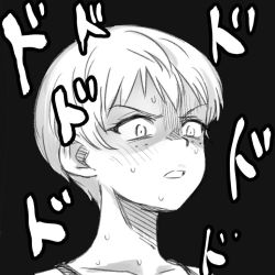 Rule 34 | 1girl, blush, constricted pupils, freckles, frown, girls und panzer, greyscale, meis (terameisu), monochrome, naomi (girls und panzer), open mouth, portrait, shirt, short hair, solo, translated, v-shaped eyebrows, very short hair
