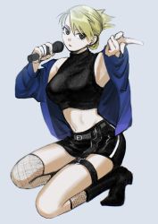 Rule 34 | 1girl, bare shoulders, belt, black shirt, blonde hair, blue jacket, boots, breasts, brown eyes, crop top, fishnet thighhighs, fishnets, full body, fullmetal alchemist, highres, holding, holding microphone, jacket, knee boots, microphone, miniskirt, ozaki (tsukiko3), riza hawkeye, shirt, single thighhigh, skirt, solo, thighhighs