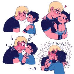 Rule 34 | !, !!, 2boys, black hair, black shirt, blonde hair, blush, closed eyes, commentary request, full-face blush, heart, highres, hug, kiss, looking at another, male focus, multiple boys, scott pilgrim (series), scott pilgrim takes off, shirt, short hair, short sleeves, simple background, smile, sweat, todd ingram, tokagen0, tongue, tongue out, wallace wells, white background, yaoi