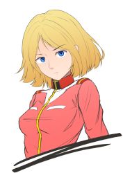 Rule 34 | 1girl, blonde hair, blue eyes, breasts, closed mouth, cropped torso, gundam, highres, looking at viewer, military, military uniform, mobile suit gundam, sayla mass, short hair, simple background, solo, uniform, white background
