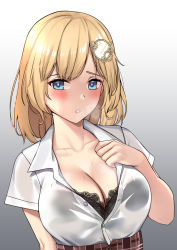 Rule 34 | 1girl, black bra, blonde hair, blue eyes, blush, bra, breasts, cleavage, collarbone, commentary, english commentary, hair ornament, highres, hololive, hololive english, kangbus, large breasts, simple background, solo, sweat, underwear, virtual youtuber, watson amelia, watson amelia (1st costume)