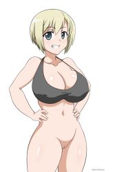 Rule 34 | 1girl, alternate breast size, blonde hair, blue eyes, bottomless, breasts, cleavage, cleft of venus, covered erect nipples, erica hartmann, grin, hideyoshiao1, highres, large breasts, looking at viewer, no panties, smile, smug, solo, strike witches, tomboy, world witches series