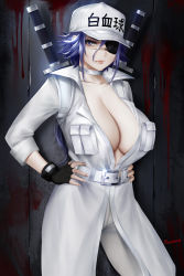 Rule 34 | 1girl, baseball cap, belt, black gloves, blue hair, breasts, choker, cleavage, cowboy shot, easonx, eyepatch, fingerless gloves, gloves, hands on own hips, hat, hataraku saibou, hataraku saibou black, highres, large breasts, long hair, looking at viewer, scar, scar on face, scar on nose, solo, sword, weapon, white blood cell (hataraku saibou), white blood cell captain, white uniform