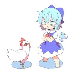 Rule 34 | 1girl, animal, bad id, bad twitter id, barefoot, bird, blue dress, blue eyes, blue hair, chicken, cirno, crossed arms, dress, hair between eyes, ice, ice wings, looking at another, moyazou (kitaguni moyashi seizoujo), puffy short sleeves, puffy sleeves, rooster, short hair, short sleeves, simple background, standing, touhou, white background, wings, zodiac