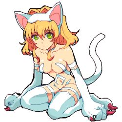 Rule 34 | 1girl, animal ears, animal hands, bare shoulders, blonde hair, breasts, capcom, cat ears, cat girl, cat tail, choker, claws, cosplay, felicia (cosplay), felicia (vampire), female focus, full body, green eyes, hairband, hirano kei, kneeling, lowres, midriff, natalia luzu kimlasca lanvaldear, navel, oekaki, short hair, simple background, solo, tail, tales of (series), tales of the abyss, thighhighs, vampire (game), white background