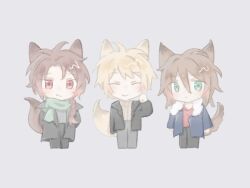 Rule 34 | 3boys, animal ears, atou haruki, black coat, black pants, blonde hair, blue jacket, braid, brown hair, brown sweater, chibi, chinese commentary, closed eyes, closed mouth, coat, commentary request, fox boy, fox ears, fox tail, fur-trimmed jacket, fur trim, green eyes, green scarf, grey background, grey pants, grey sweater, hands in pockets, harada minoru, isoi reiji, jacket, kemonomimi mode, male focus, medium hair, multiple boys, open clothes, open coat, open jacket, pants, red eyes, red shirt, ribbed sweater, saibou shinkyoku, scarf, shirt, simple background, single braid, smile, sweater, tail, turtleneck, turtleneck sweater, wanyejituiren, wolf boy, wolf ears, wolf tail