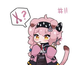 Rule 34 | 1girl, :o, ?, animal ears, arknights, black hairband, black jacket, black skirt, blush, braid, brown eyes, cat ears, cat girl, cat tail, commentary, english commentary, finger to mouth, goldenglow (arknights), hairband, high-waist skirt, holding, jacket, kurotofu, lightning bolt print, long hair, long sleeves, notice lines, open clothes, open jacket, parted lips, pink hair, print hairband, puffy long sleeves, puffy sleeves, scissors, shirt, simple background, single braid, skirt, sleeves past wrists, solo, tail, white background, white shirt