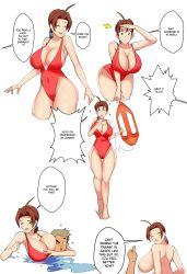Rule 34 | 1girl, 2boys, bare legs, barefoot, bouncing breasts, breast press, breasts, brown eyes, brown hair, cleavage, creatures (company), curvy, delia ketchum, english text, face to breasts, game freak, grabbing, grabbing from behind, hand on own hip, highleg, highleg swimsuit, highres, large breasts, lifeguard, long hair, looking at another, looking at viewer, low ponytail, mangakay84, multiple boys, multiple views, nintendo, one-piece swimsuit, pokemon, pokemon (anime), pokemon (classic anime), ponytail, red one-piece swimsuit, samuel oak, sequential, shiny skin, short hair, simple background, skindentation, smile, swimming, swimsuit, thighs, white background, wide hips