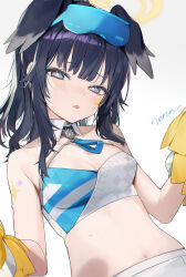 Rule 34 | 1girl, animal ears, bare shoulders, black hair, blue archive, blush, breasts, cheerleader, cleavage, crop top, dog ears, dog girl, eyewear on head, halo, hibiki (blue archive), hibiki (cheer squad) (blue archive), highres, holding, holding pom poms, long hair, looking at viewer, midriff, millennium cheerleader outfit (blue archive), navel, official alternate costume, pom pom (cheerleading), pom poms, skirt, small breasts, solo, star sticker, sticker on arm, sticker on face, sweat, u tnmn, yellow halo