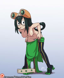 Rule 34 | 10s, 1girl, :p, asui tsuyu, bad id, bad tumblr id, bent over, black hair, bodysuit, boku no hero academia, breasts, dressing, eyelashes, female pubic hair, full body, goggles, goggles on head, hair between eyes, hair rings, hanging breasts, inverted nipples, leaning forward, long hair, looking at viewer, low-tied long hair, navel, nipples, no panties, noise tanker, patreon, patreon username, pubic hair, simple background, solo, tongue, tongue out, topless, uncensored, undressing, watermark, web address